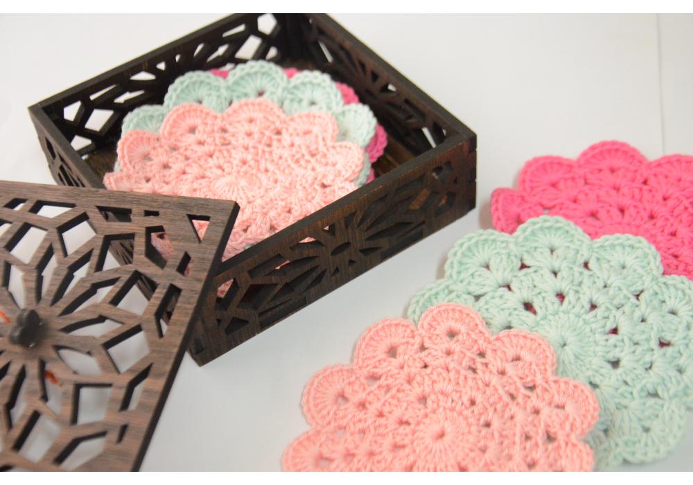 Crochet Coaster Set of 6 Pieces with High Quality  wooden  Box | Item No.001